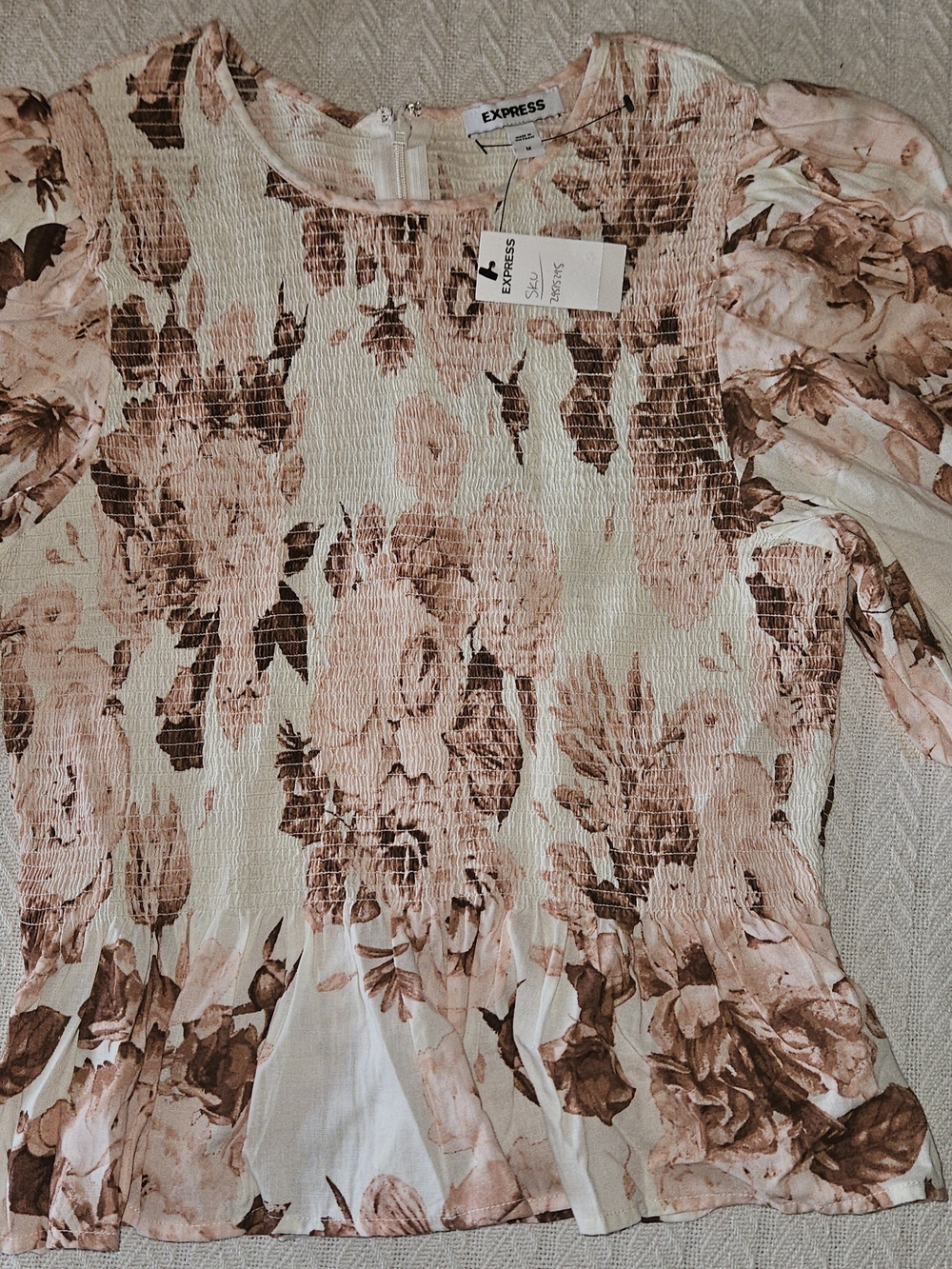 Express Women's Floral Smocked Peplum Top - Blush Pink and Brown
